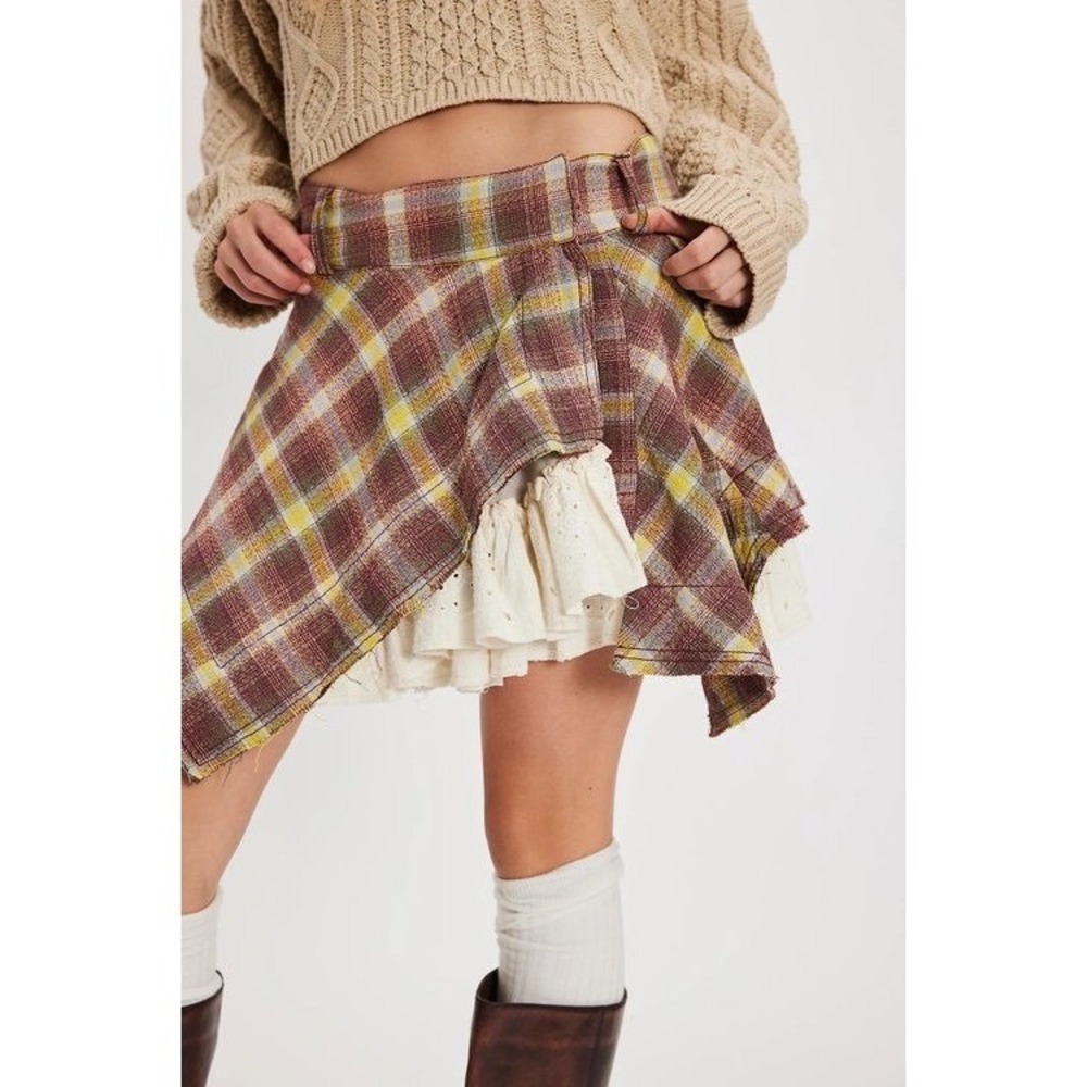 Free People Country Belle Plaid Mini Skirt Eyelet Ruffle Cottagecore NWT 4 / S - Picture 4 of 7
